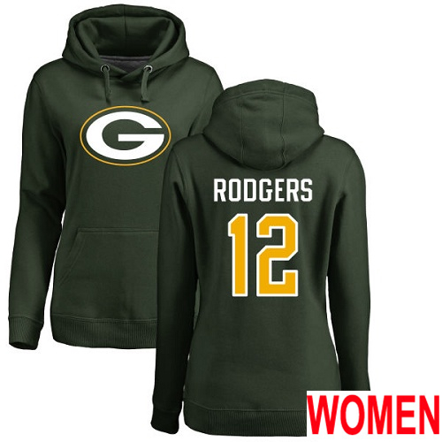 Green Bay Packers Green Women 12 Rodgers Aaron Name And Number Logo Nike NFL Pullover Hoodie Sweatshirts